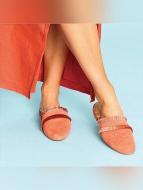 Birdies Coral Suede Fringe Backless Flats